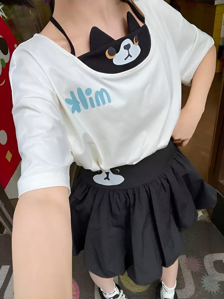 Milk Cat Layered Tee & Bubble Skirt-Sets-ntbhshop
