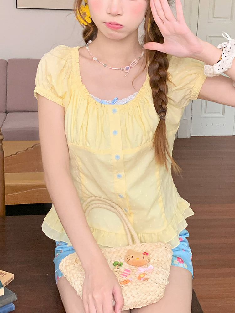 Lemonade Puff Sleeve Blouse & Mini Skirt-ntbhshop