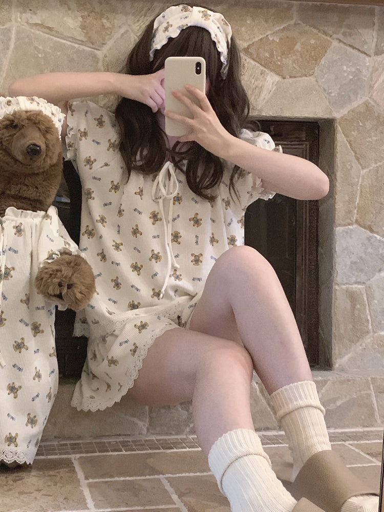 Vintage Bear Waffle Pajama Set-Sets-ntbhshop