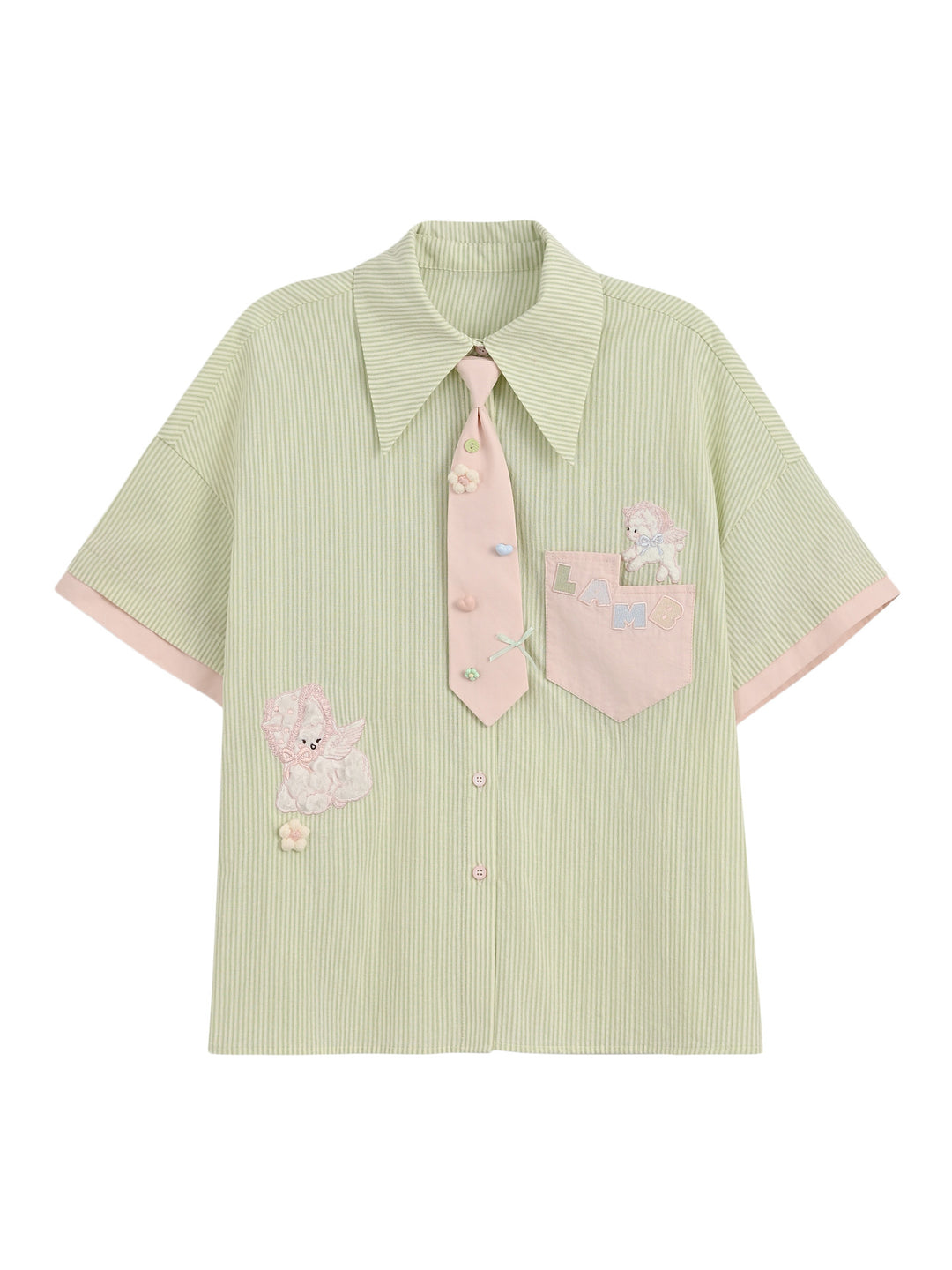 Matcha Lambie Stripe Tie Shirt-Tops-ntbhshop