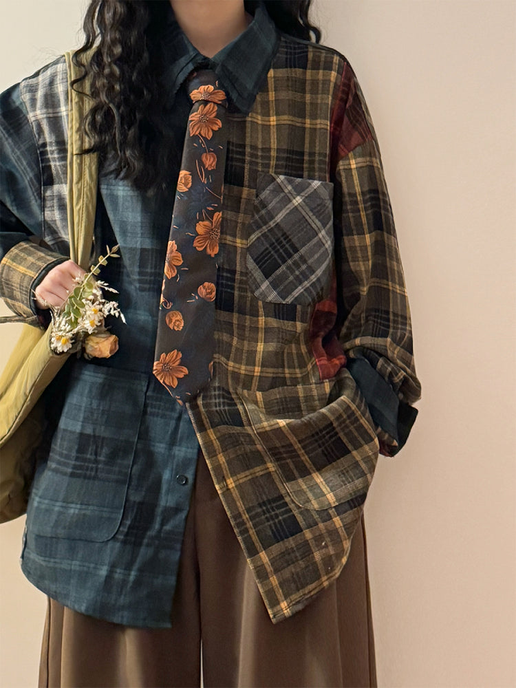 Retro Patchwork Unisex Plaid Shirt-ntbhshop