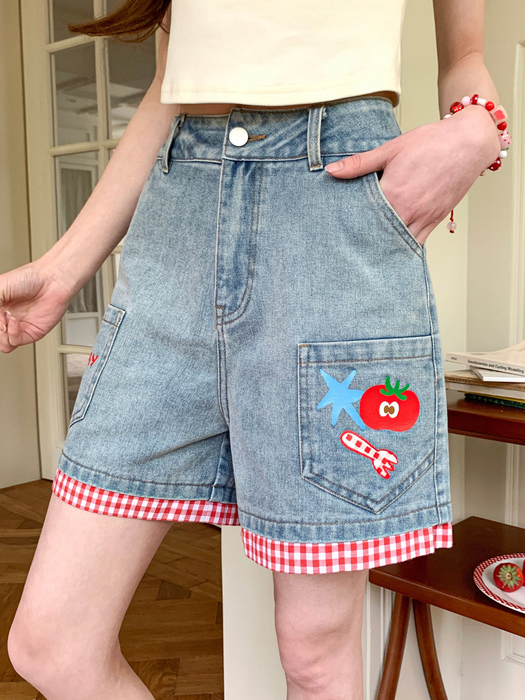 Tomato Picnic Denim Shorts-Bottoms-ntbhshop