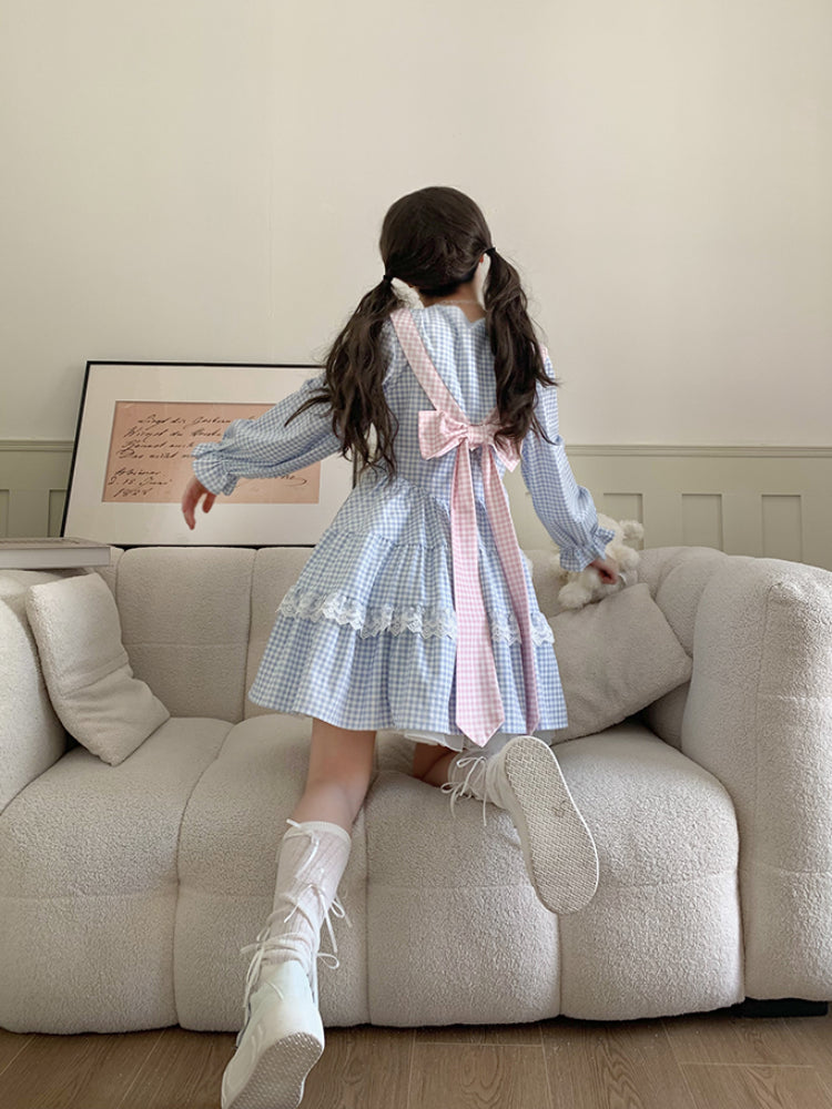 Plaid Candy Back Bow Plaid Dresses-ntbhshop