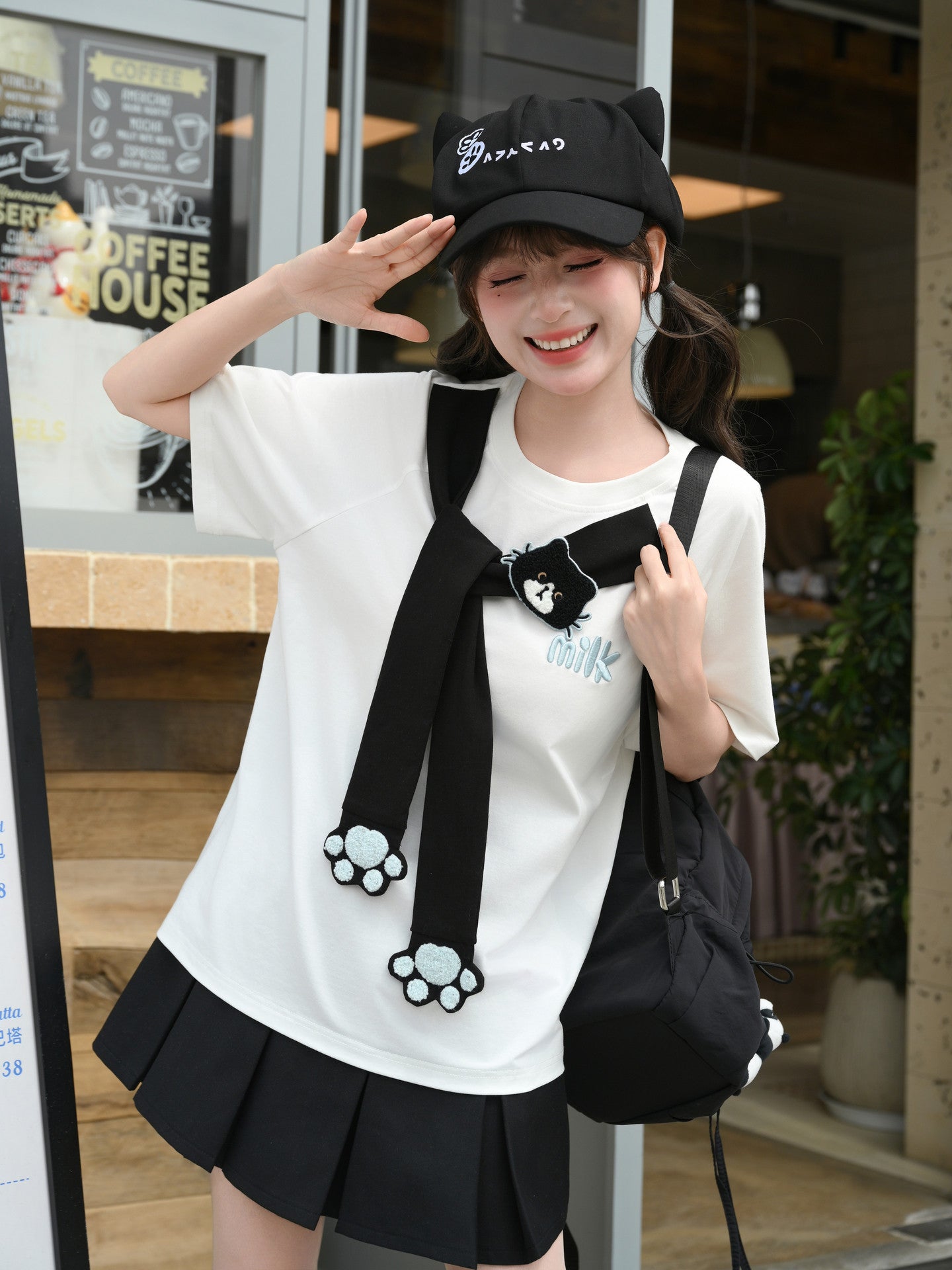 Milk Cat Paw Scarf Tee-Tops-ntbhshop