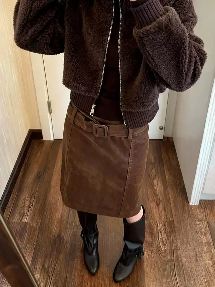 Cocoa Suede Pencil Skirt-Bottoms-ntbhshop