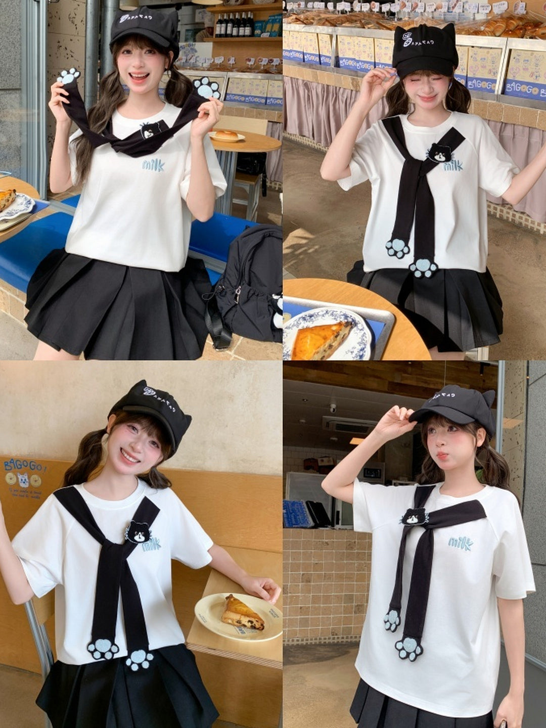 Milk Cat Paw Scarf Tee-Tops-ntbhshop