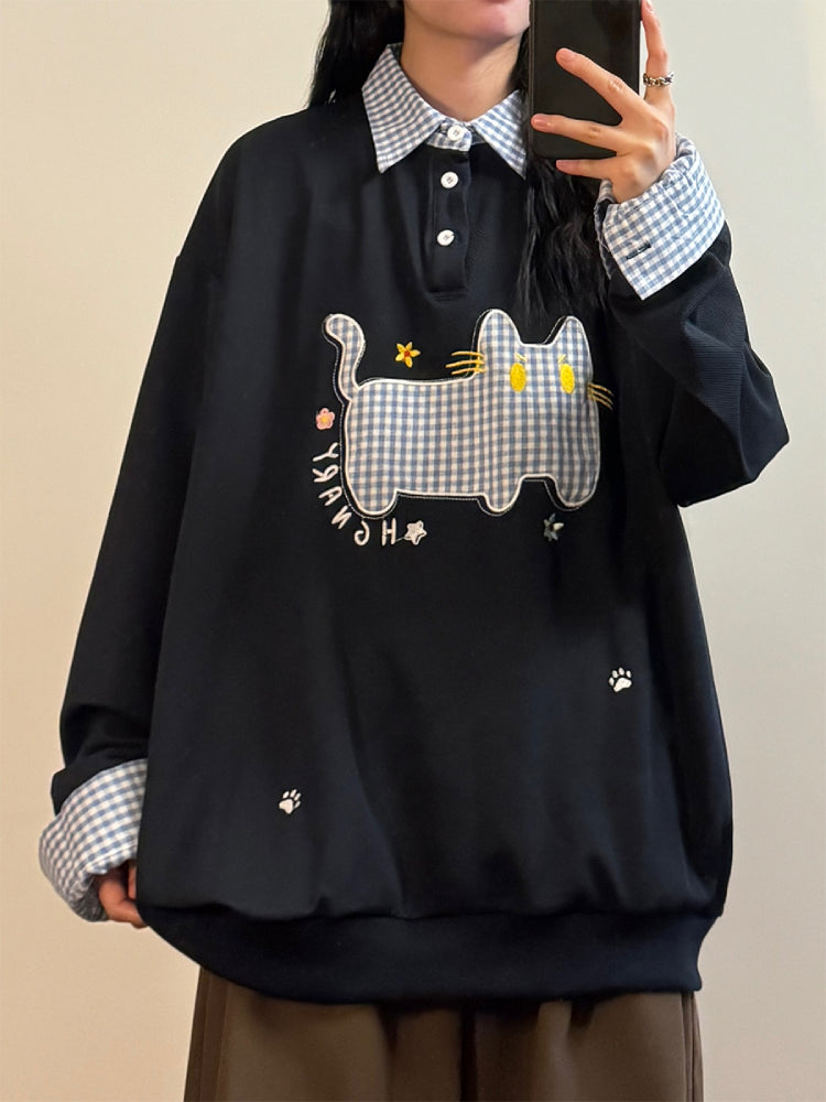 Plaid Whisker Patch Polo Sweatshirt-ntbhshop