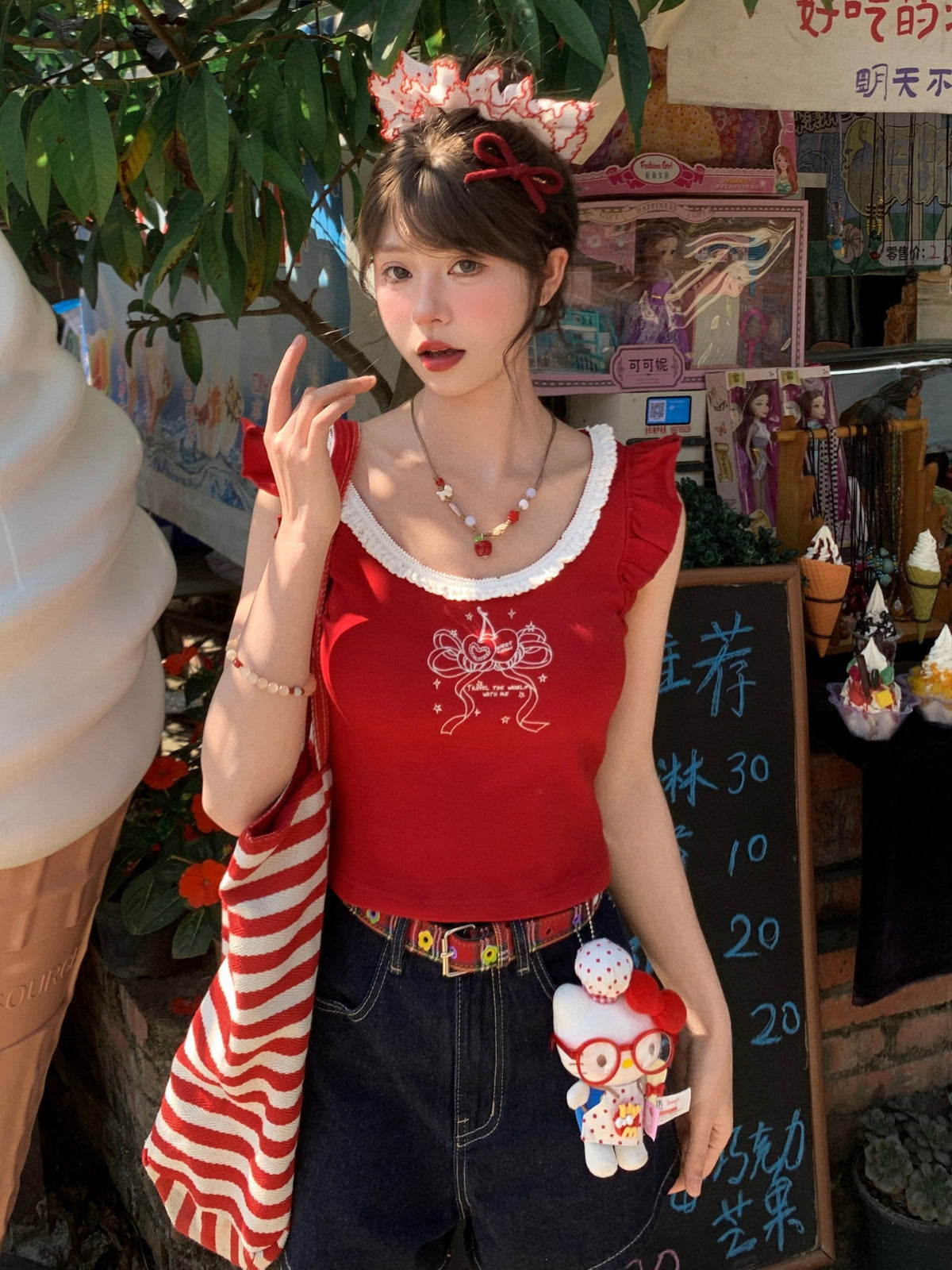 Cherry Ribbon Lace Tank Tops - ntbhshop