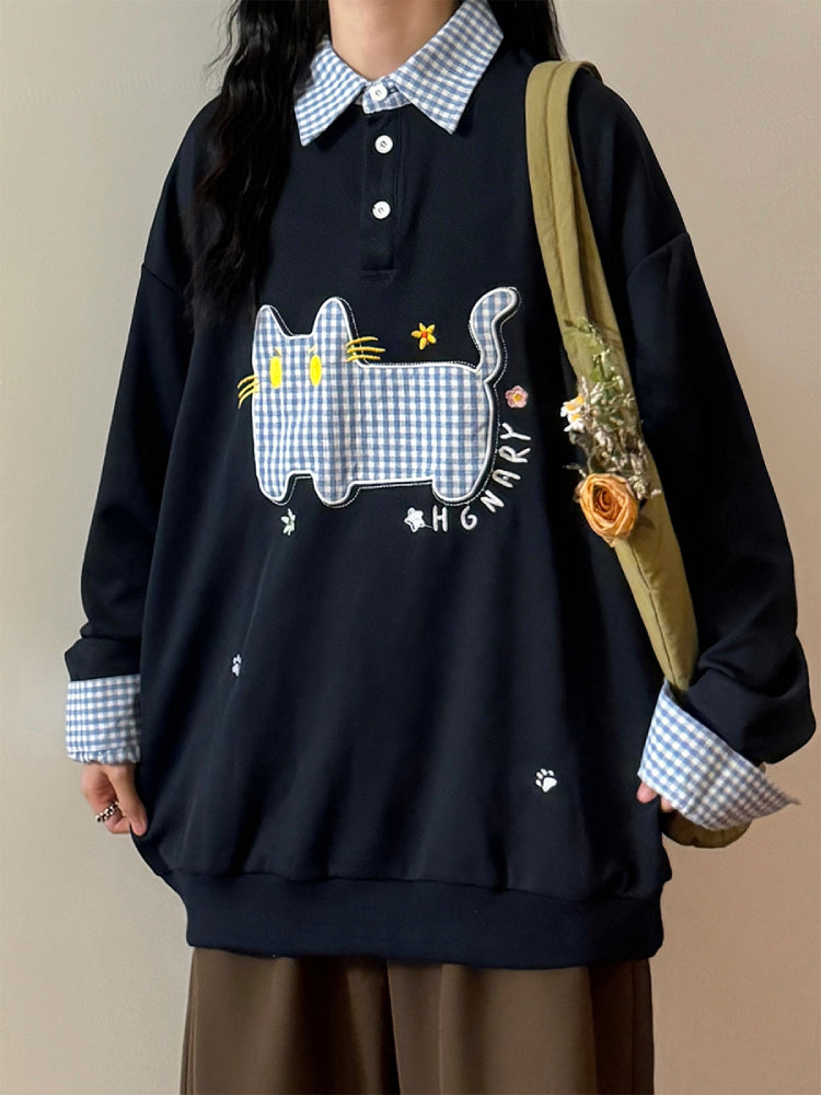 Plaid Whisker Patch Polo Sweatshirt-ntbhshop