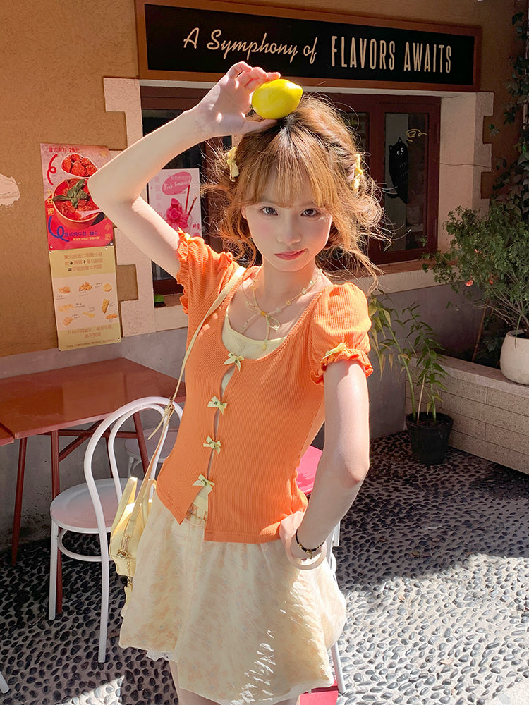 Citrus Pop Ribbed Puff Top & Bubble Texture Skirt-ntbhshop