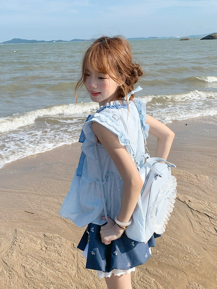 Ocean Whisper Fairy Sleeve Blouse, Dress & Denim Skirt-ntbhshop