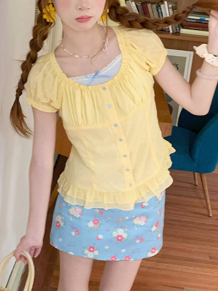 Lemonade Puff Sleeve Blouse & Mini Skirt-ntbhshop
