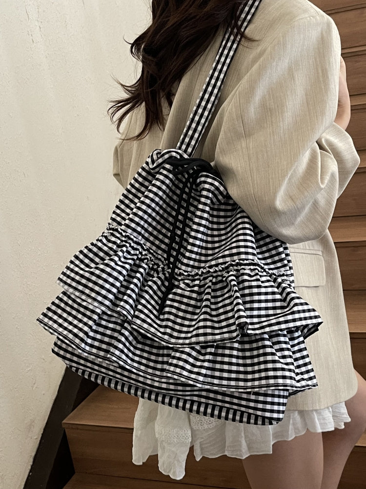 Cloud Check Gingham Ruffle Tote Bags-ntbhshop
