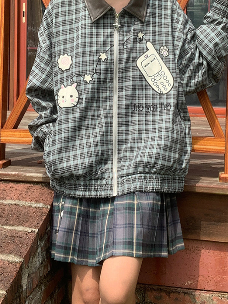 Call My Cat Leather Collar Plaid Jacket-ntbhshop