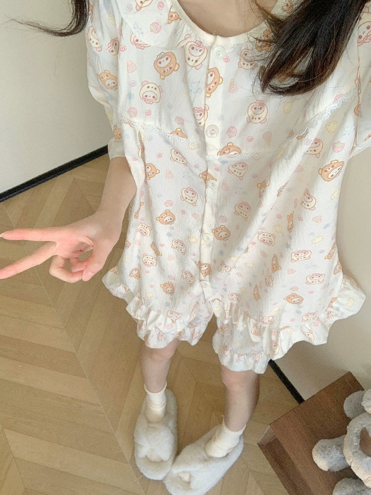 Strawberry Bear Puff Sleeve Pajamas Set-ntbhshop