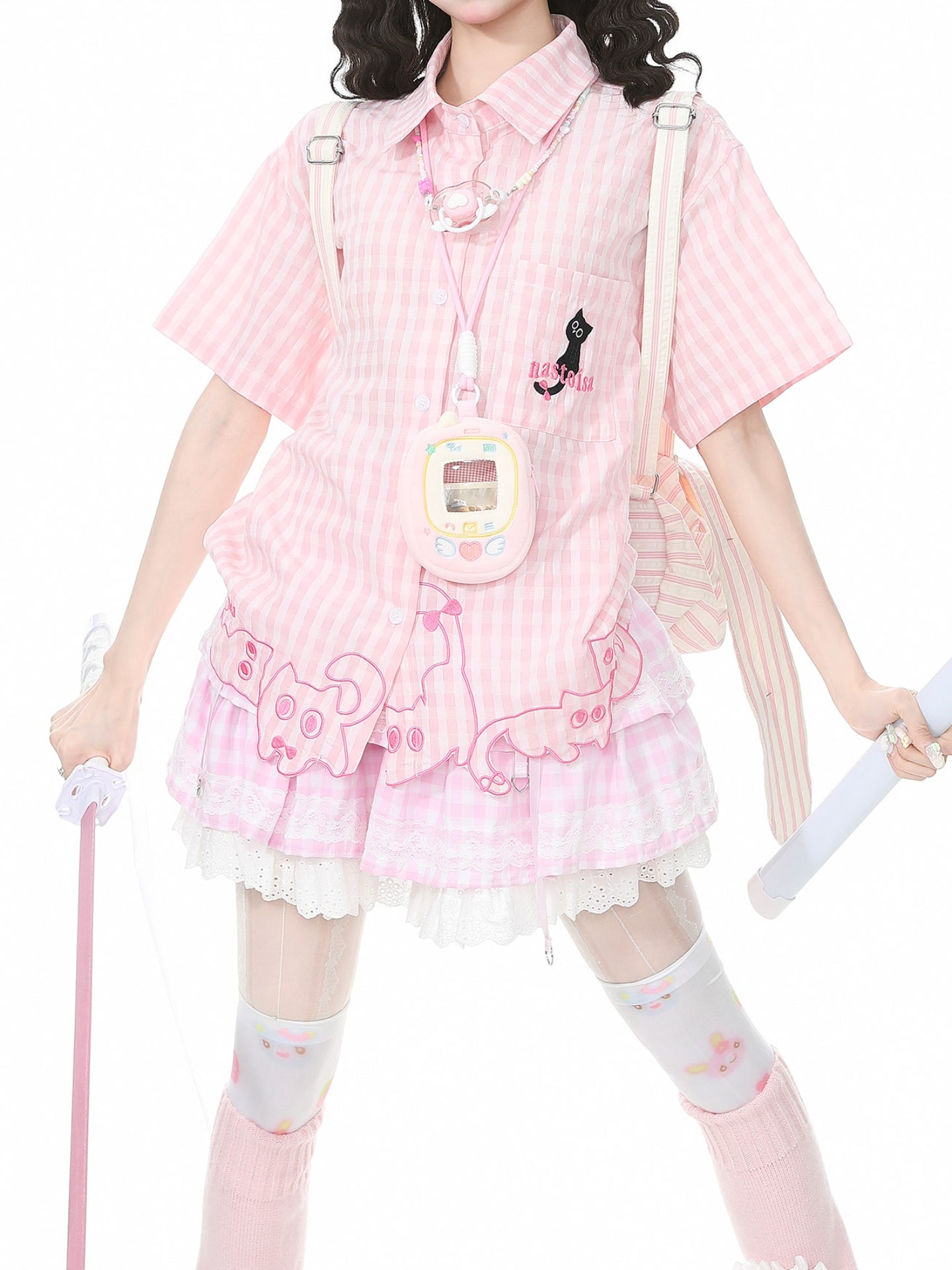 Whimsy Kitty Gingham Shirts-Tops-ntbhshop