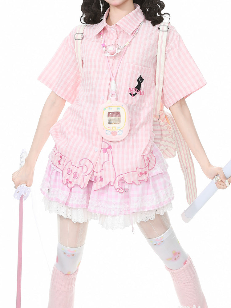Whimsy Kitty Gingham Shirts-Tops-ntbhshop