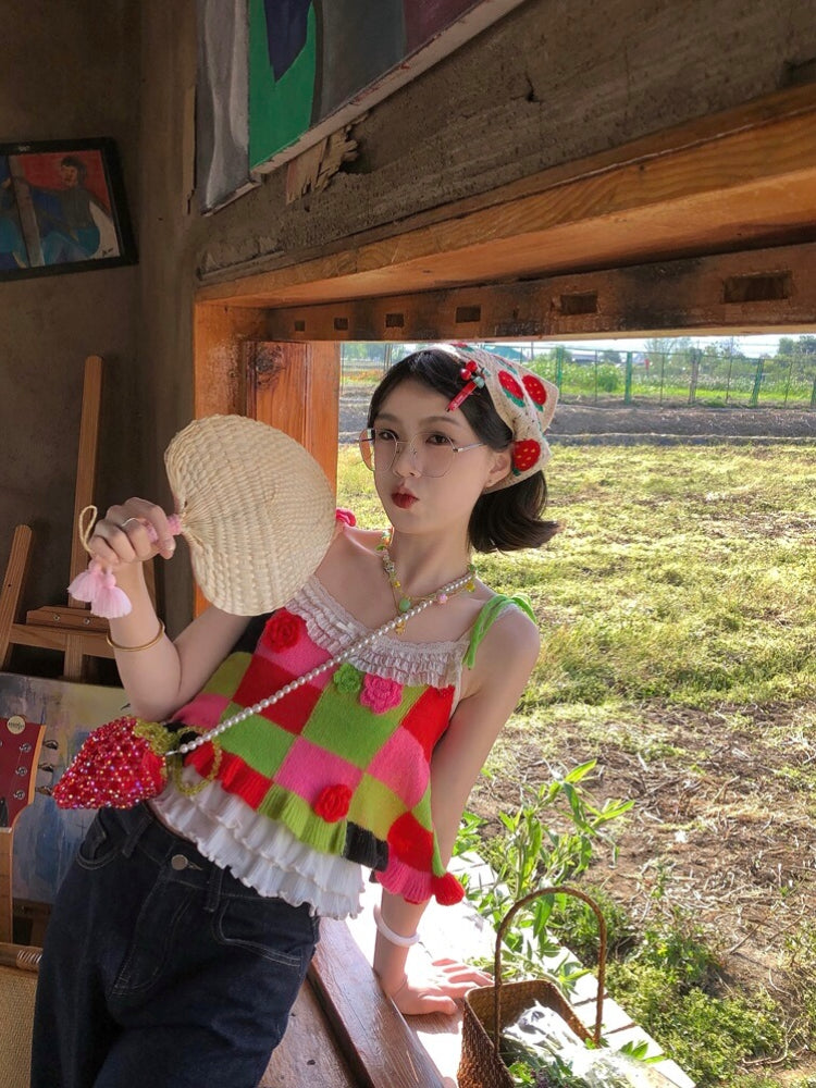 Candy Patch Checkered Flower Knit Vests-ntbhshop