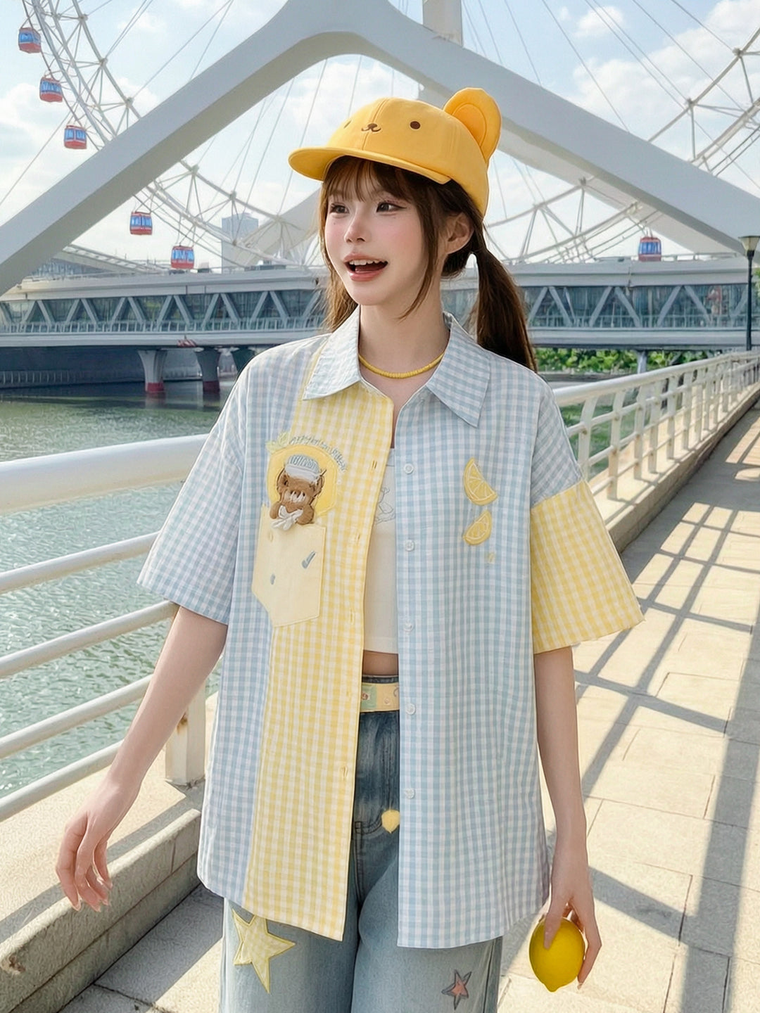 Lemonade Bear Plaid Shirt-Tops-ntbhshop