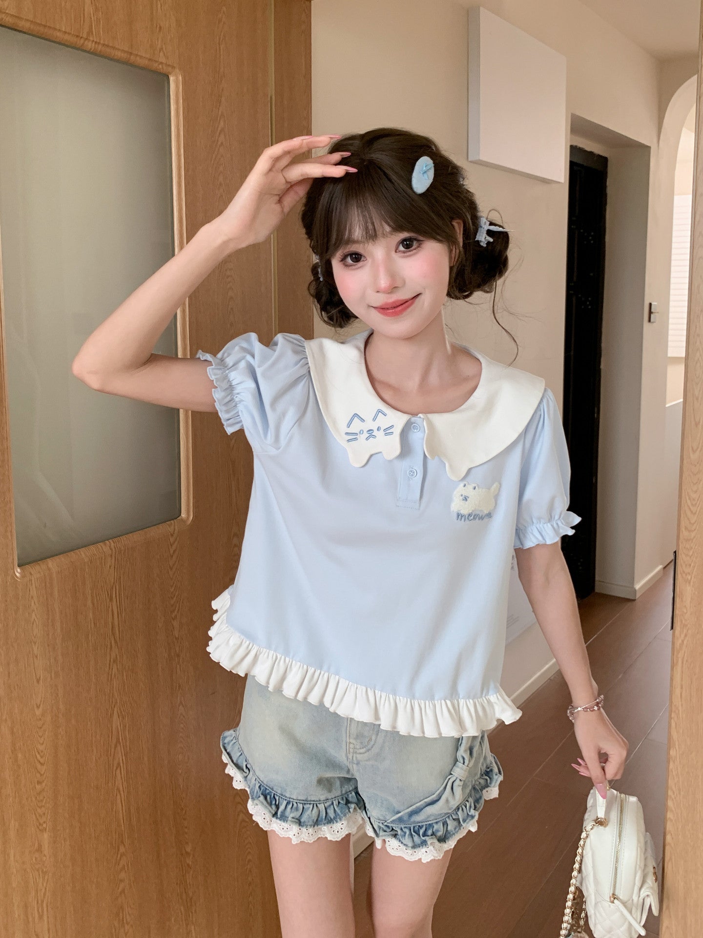 Cloud Ribbon Denim Shorts-Bottoms-ntbhshop