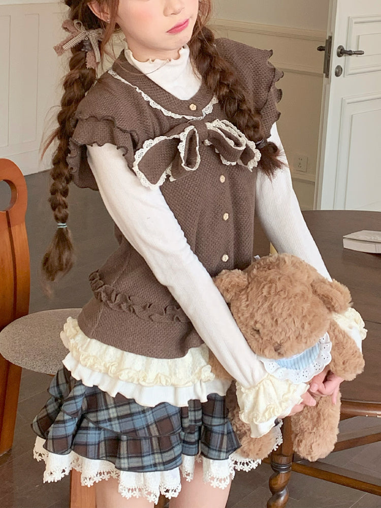 Milk Coffee Bear Vest, Blouse & Skirt-ntbhshop
