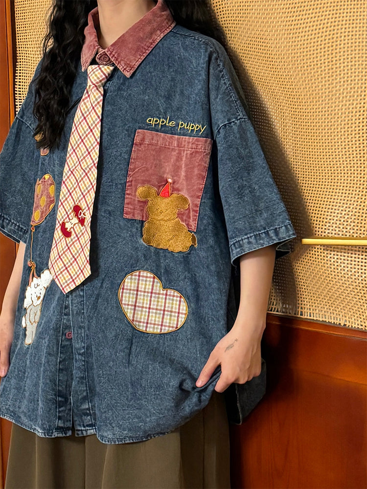 Apple Patchwork Denim Tie Shirts-Tops-ntbhshop
