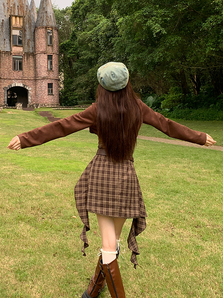 Cappuccino Crop Jacket & Plaid Dress-ntbhshop