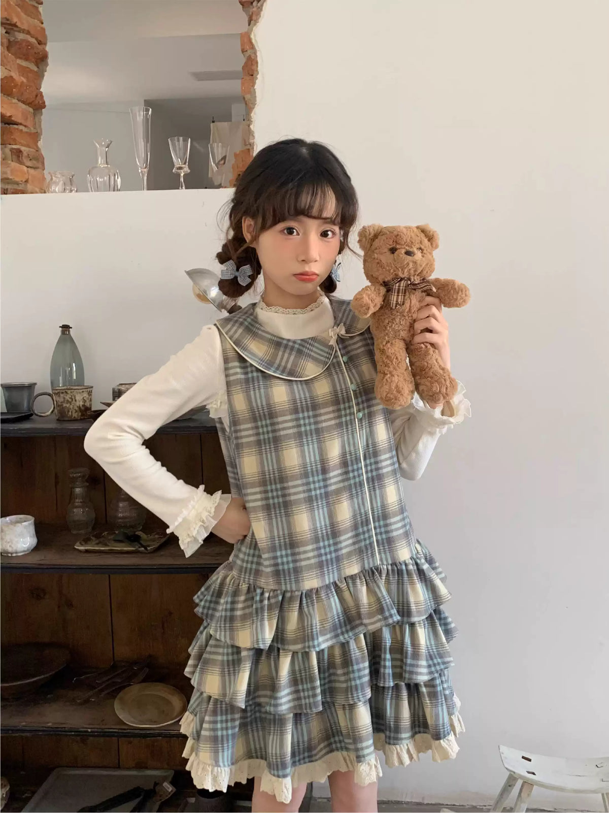 Butter Bloom Base Top & Check Cake Dress-Sets-ntbhshop