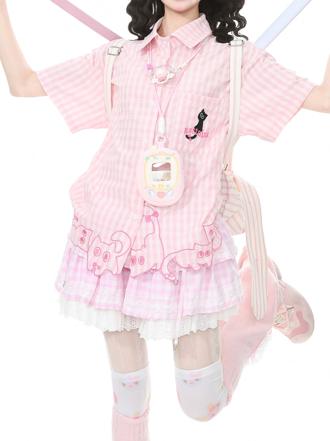 Whimsy Kitty Gingham Shirts-Tops-ntbhshop