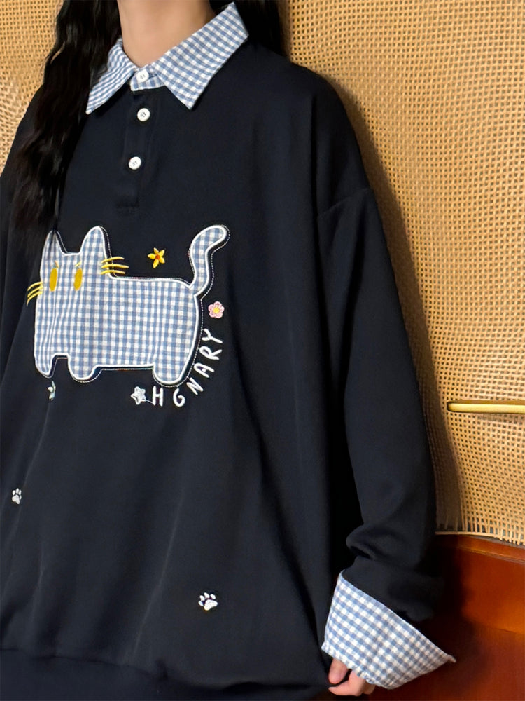 Plaid Whisker Patch Polo Sweatshirt-ntbhshop