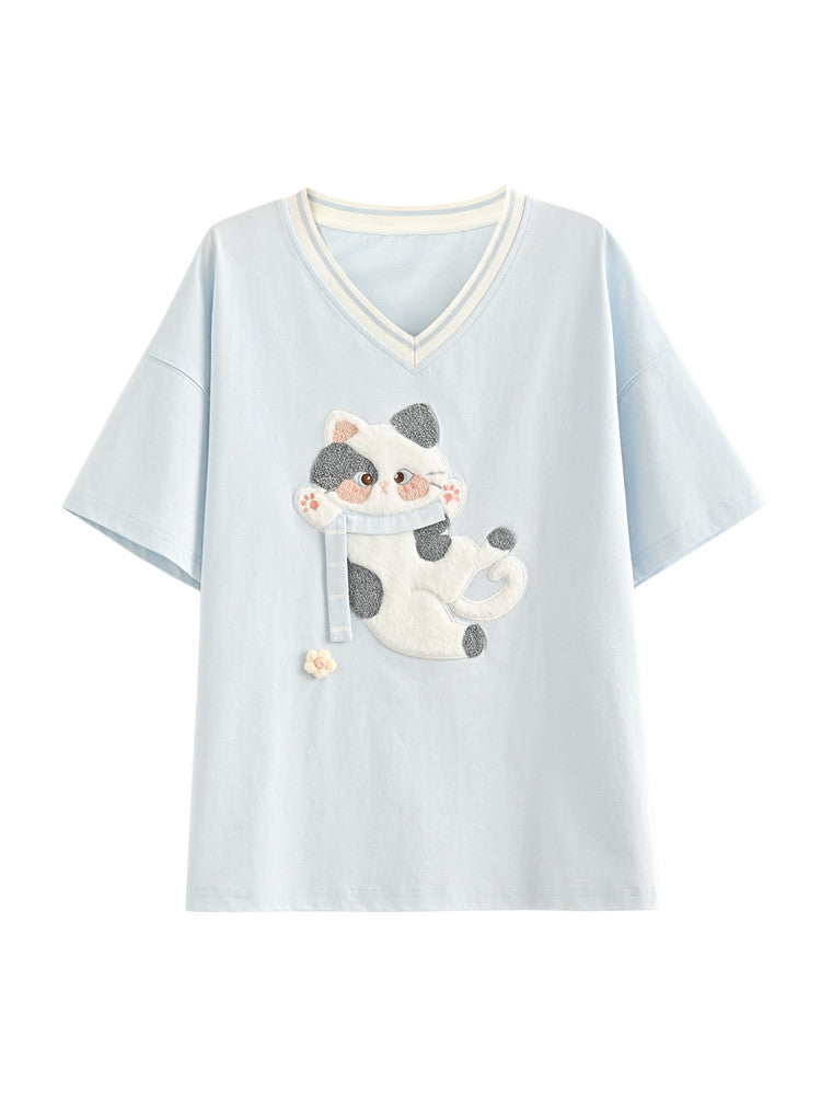 Kitty Cloud V-Neck Tee-Tops-ntbhshop