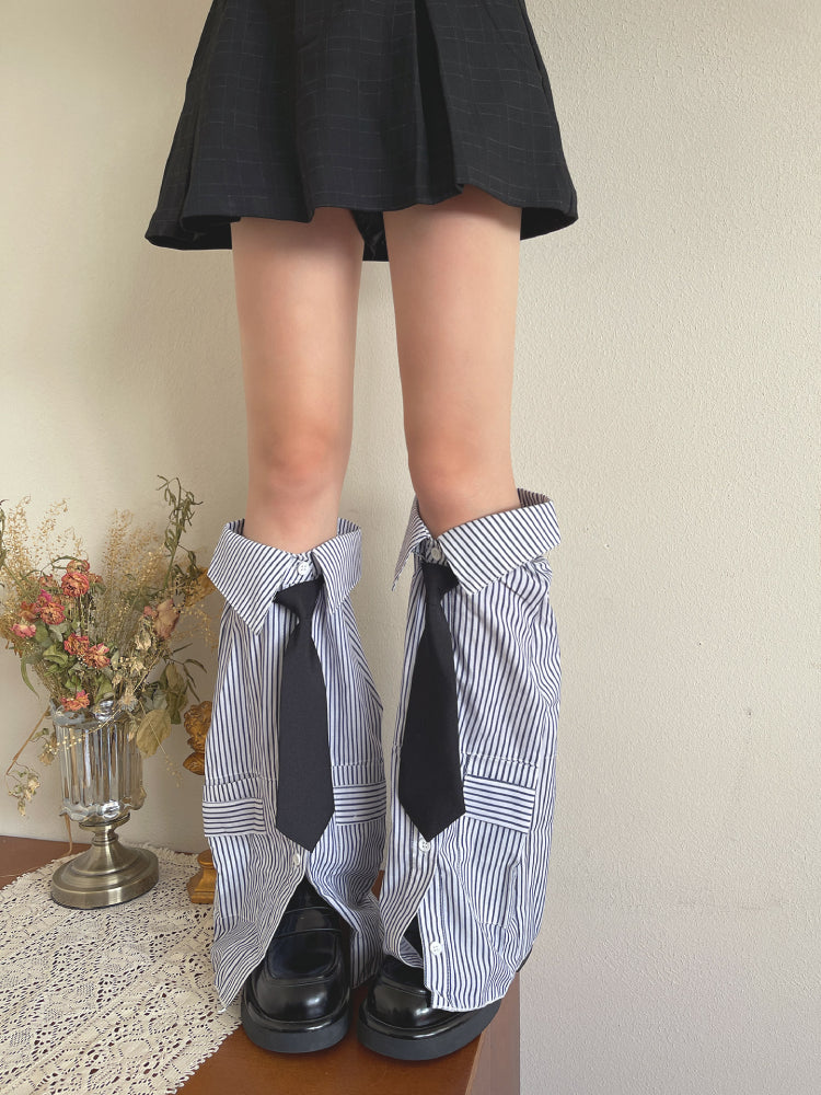 Striped Tie Collar Button Up Leg Sleeves-ntbhshop