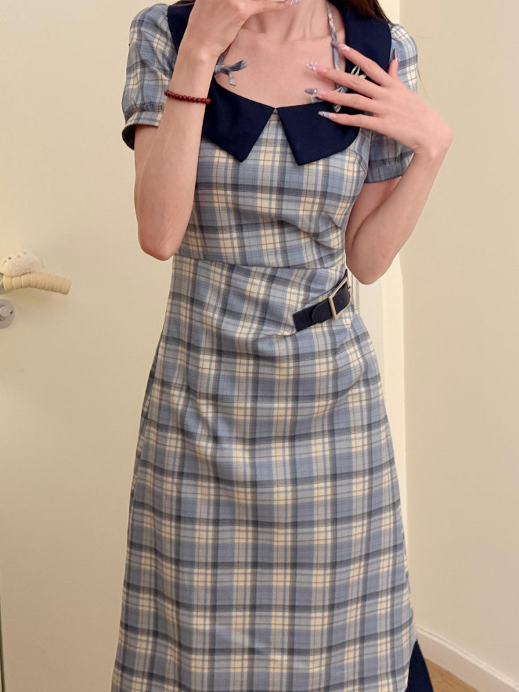 Navy Daydream Retro Plaid Dresses-ntbhshop