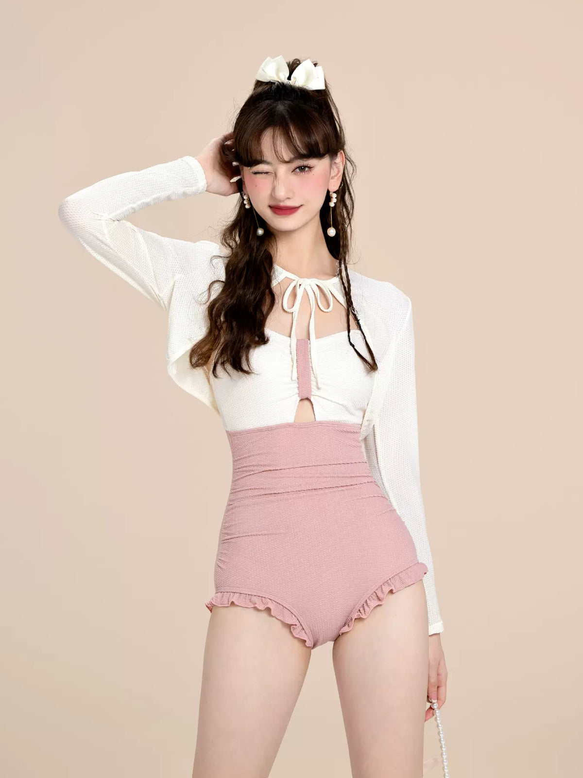 Pink Poolside Glam One Piece Swimsuit with Cardigan-ntbhshop