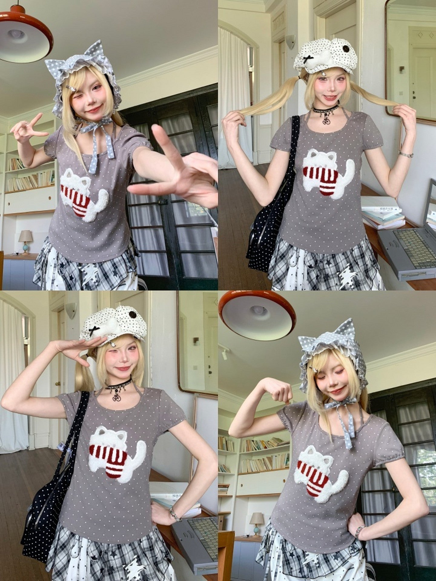 Polka Dot Kitten Halter Tee-Tops-ntbhshop