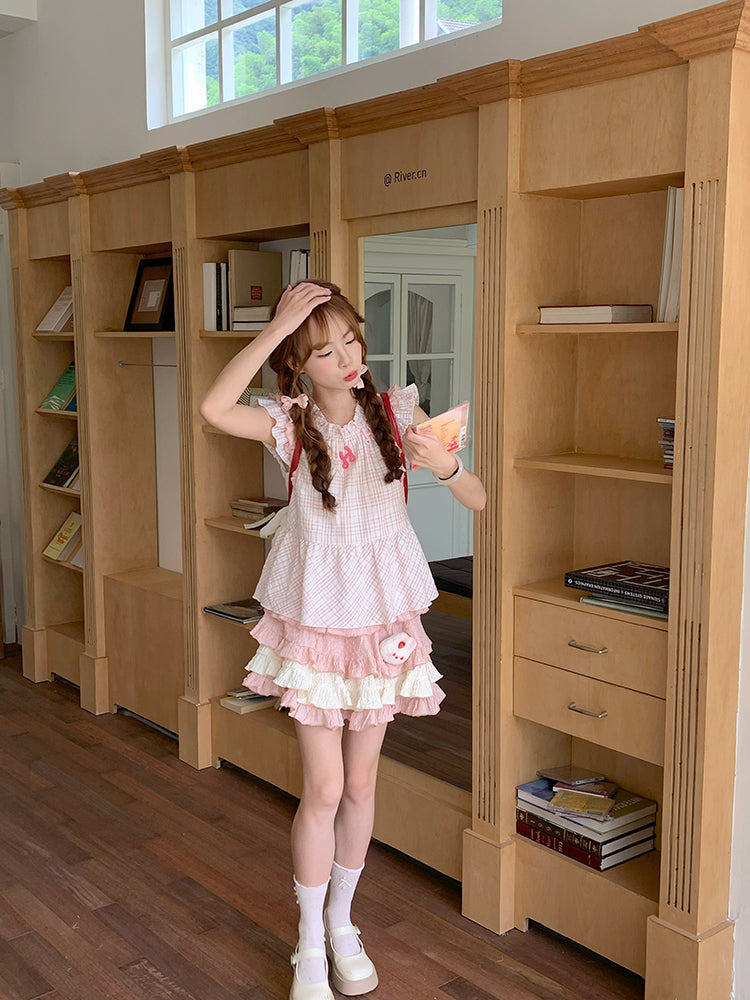 Peach Bubble Fairy Sleeve Plaid Top & Layer Cake Skirt-ntbhshop