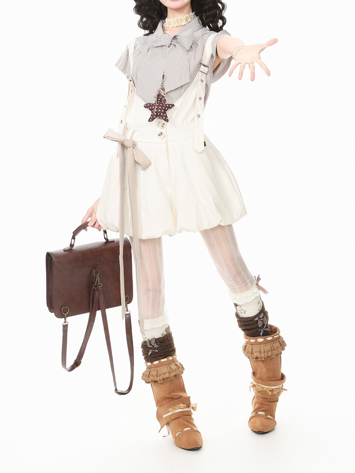 Vanilla Latte Stripe Blouse & Overall Shorts-Sets-ntbhshop