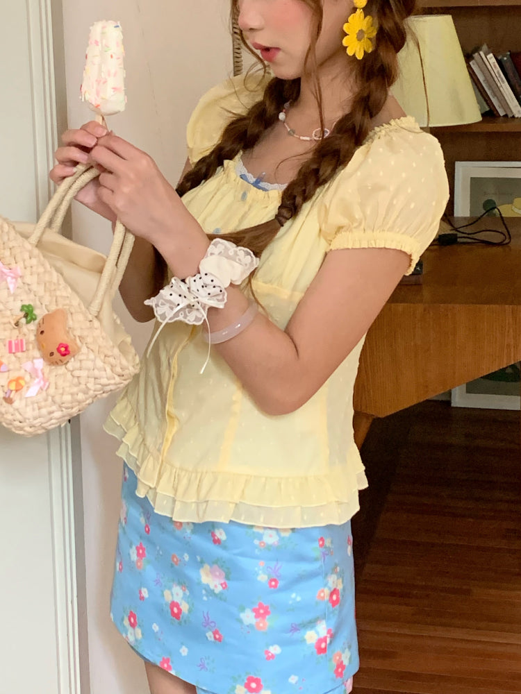 Lemonade Puff Sleeve Blouse & Mini Skirt-ntbhshop