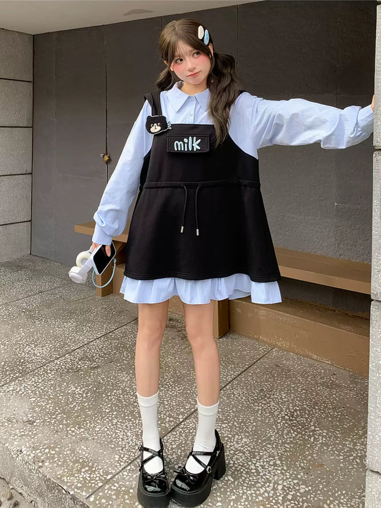 Milk Cat Hooded Shirt Dress-Dresses-ntbhshop