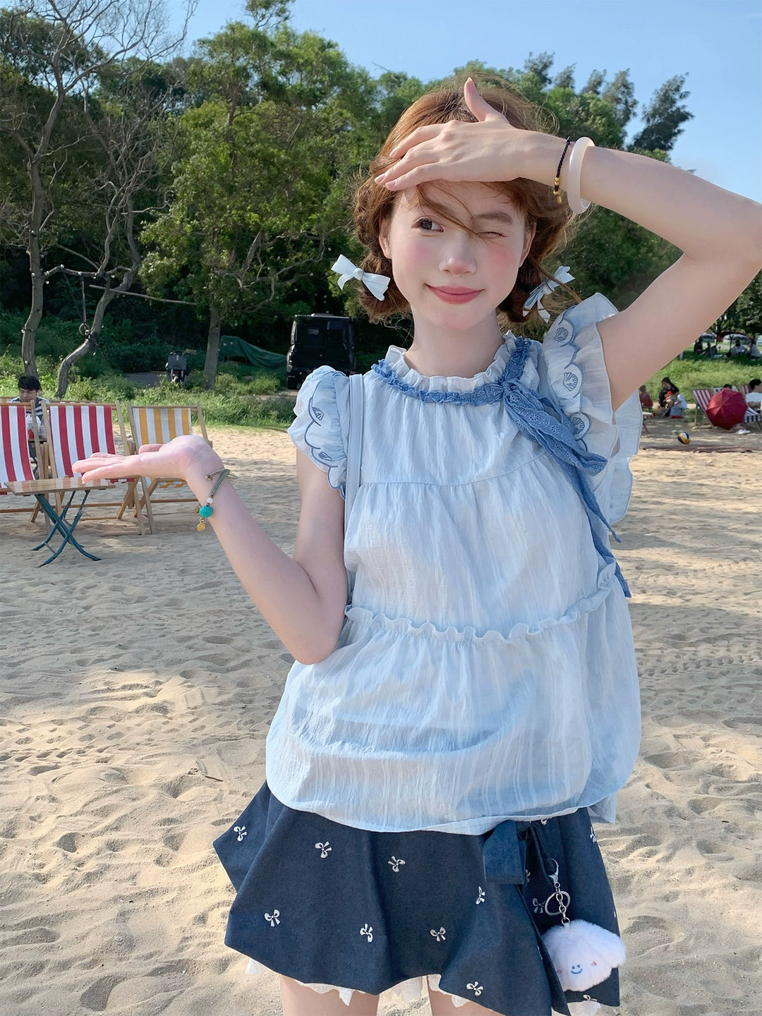 Ocean Whisper Fairy Sleeve Blouse, Dress & Denim Skirt-ntbhshop