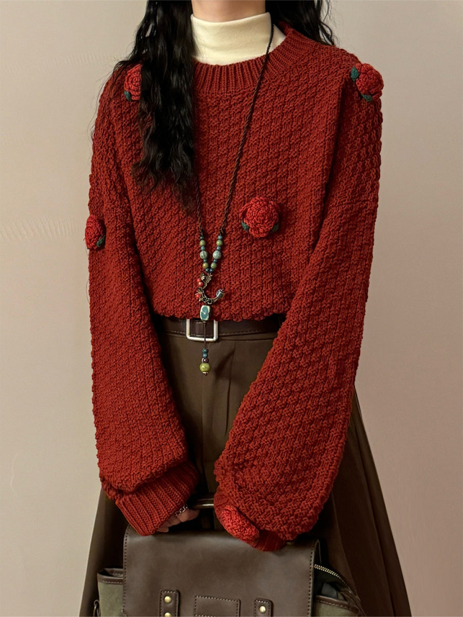 Rose Bloom Crochet Knit Sweater-Tops-ntbhshop