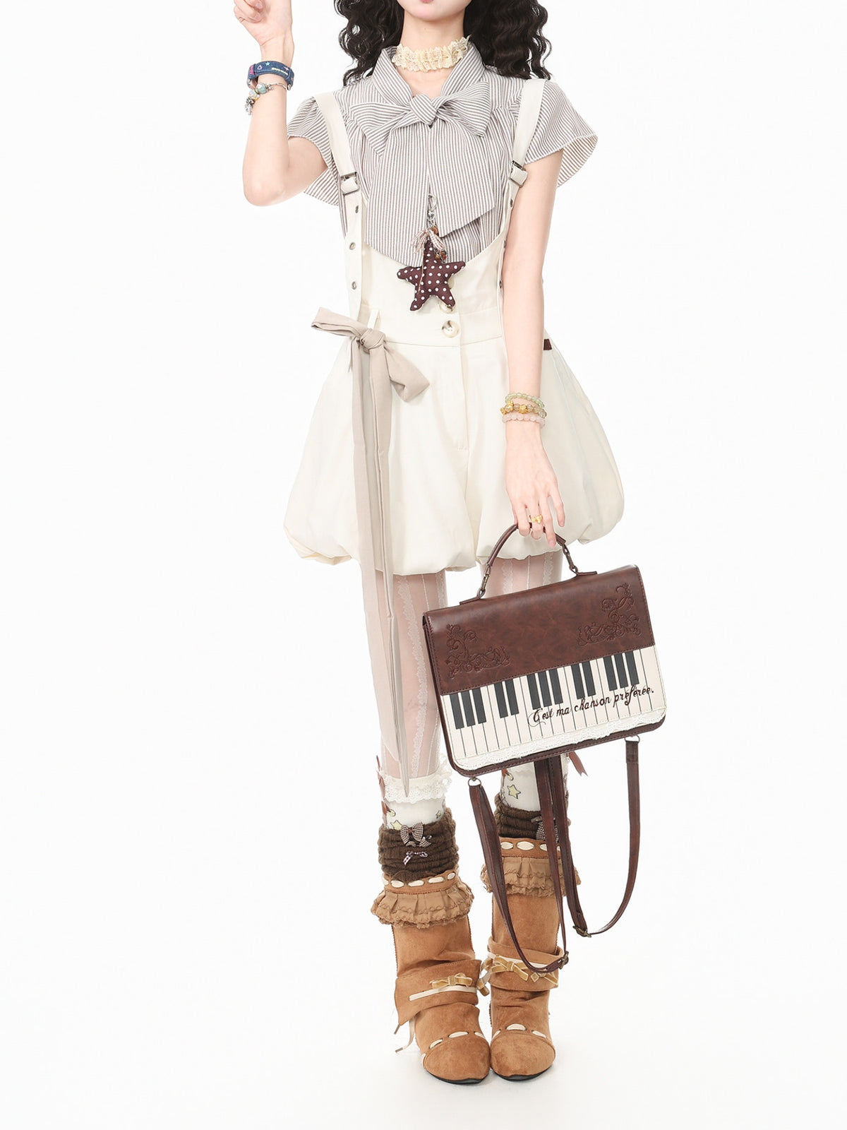 Vanilla Latte Stripe Blouse & Overall Shorts-Sets-ntbhshop