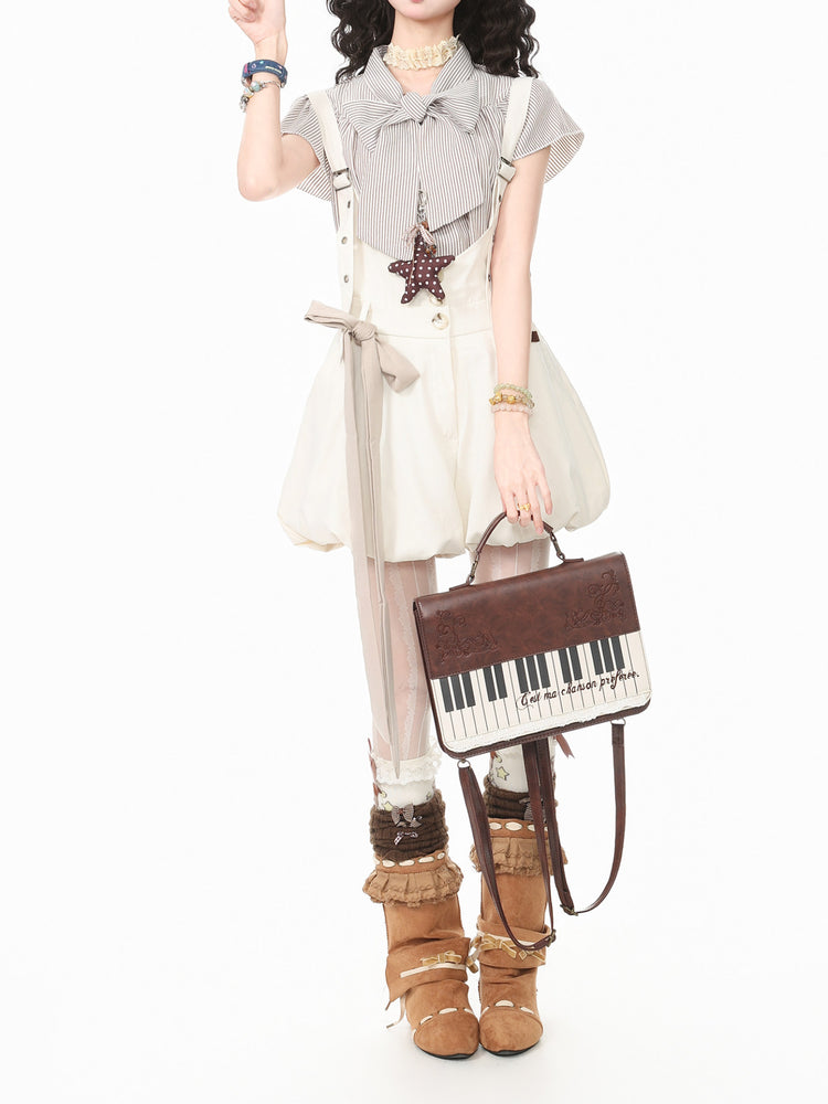 Vanilla Latte Stripe Blouse & Overall Shorts-Sets-ntbhshop
