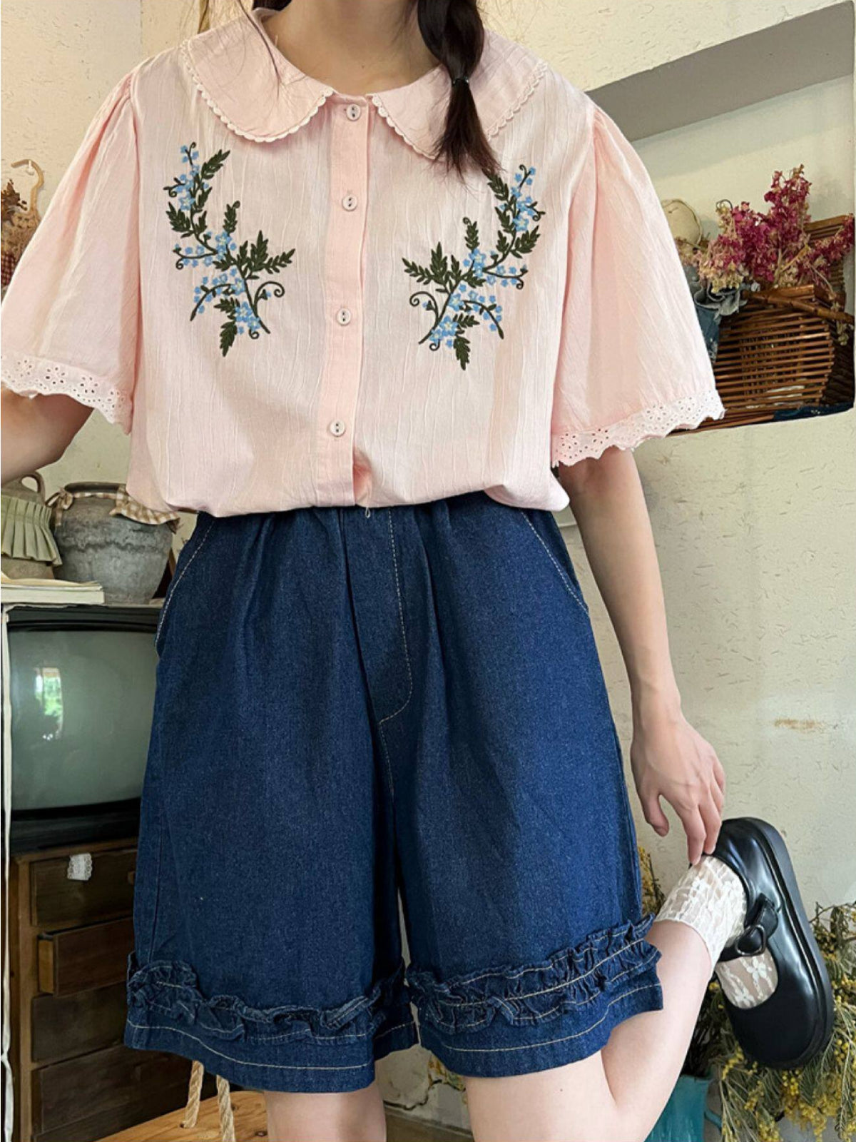 Blue Meadow Ruffle Shorts-Bottoms-ntbhshop