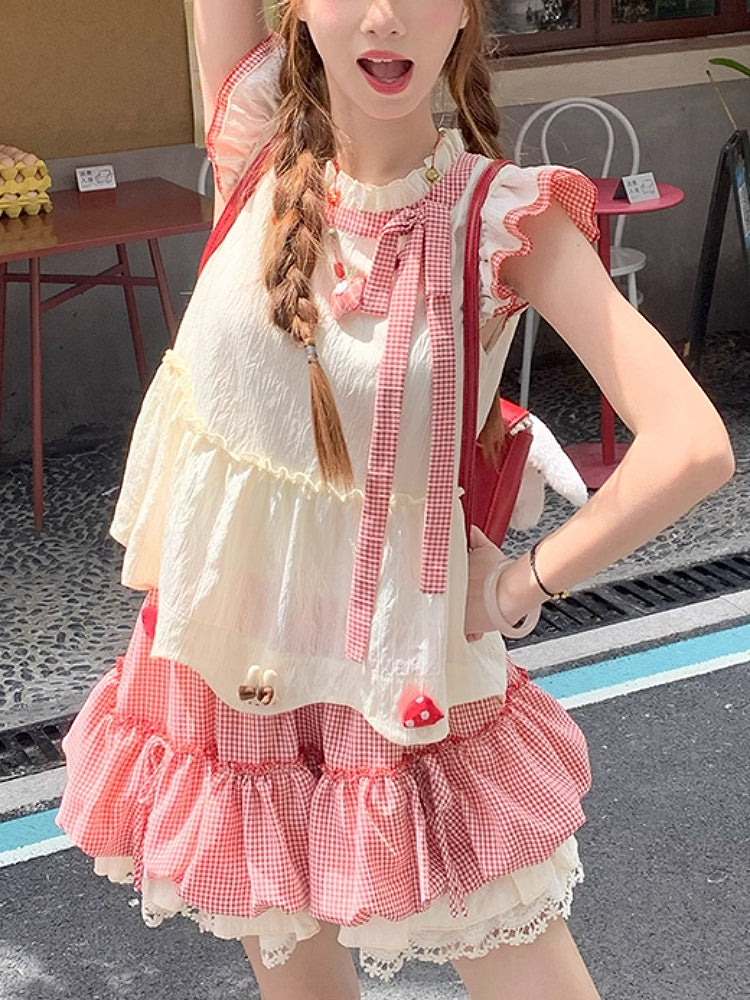 Mushroom Homie Fairy Sleeve Blouse & Plaid Puff Skirt-ntbhshop