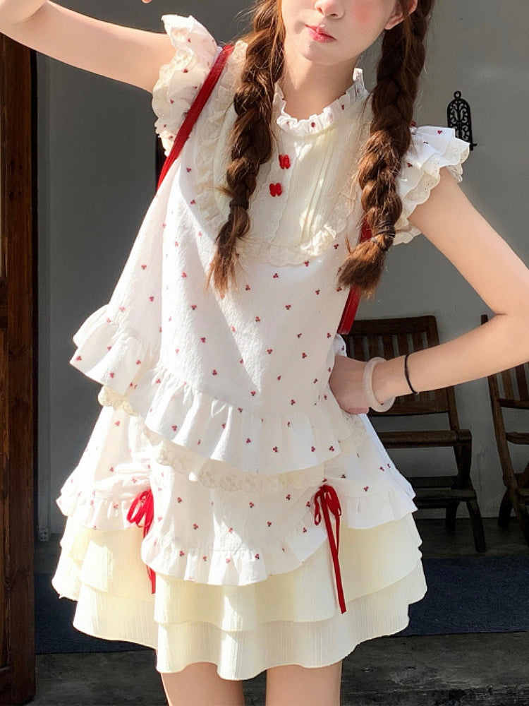 Red Petal Fairy Sleeve Blouse & Cake Skirt-ntbhshop