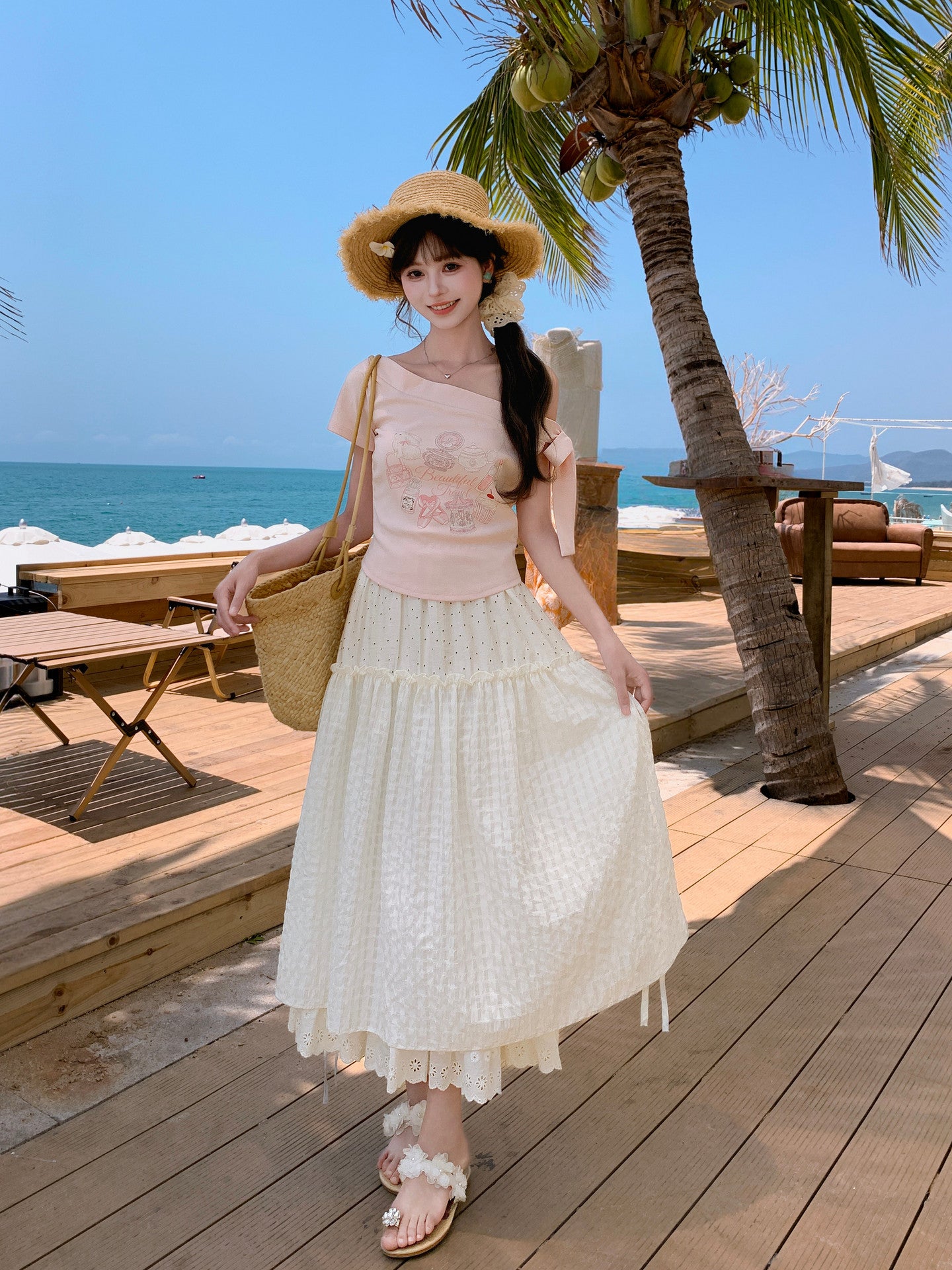 Macaron Travel Off-Shoulder Tee-Tops-ntbhshop