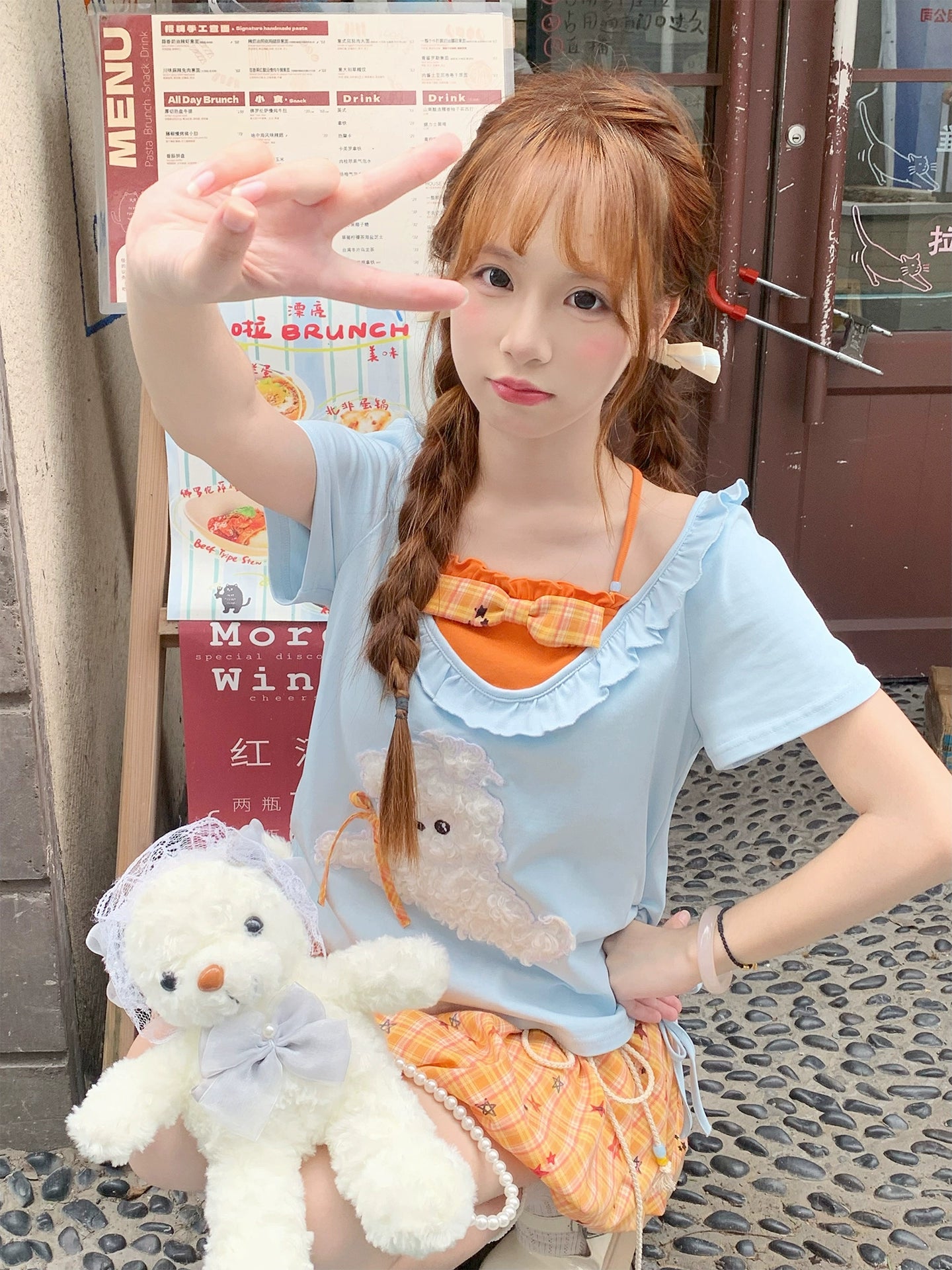 Pumpkin Pop Contrast Halter Tee & Plaid Bubble Skirt-ntbhshop