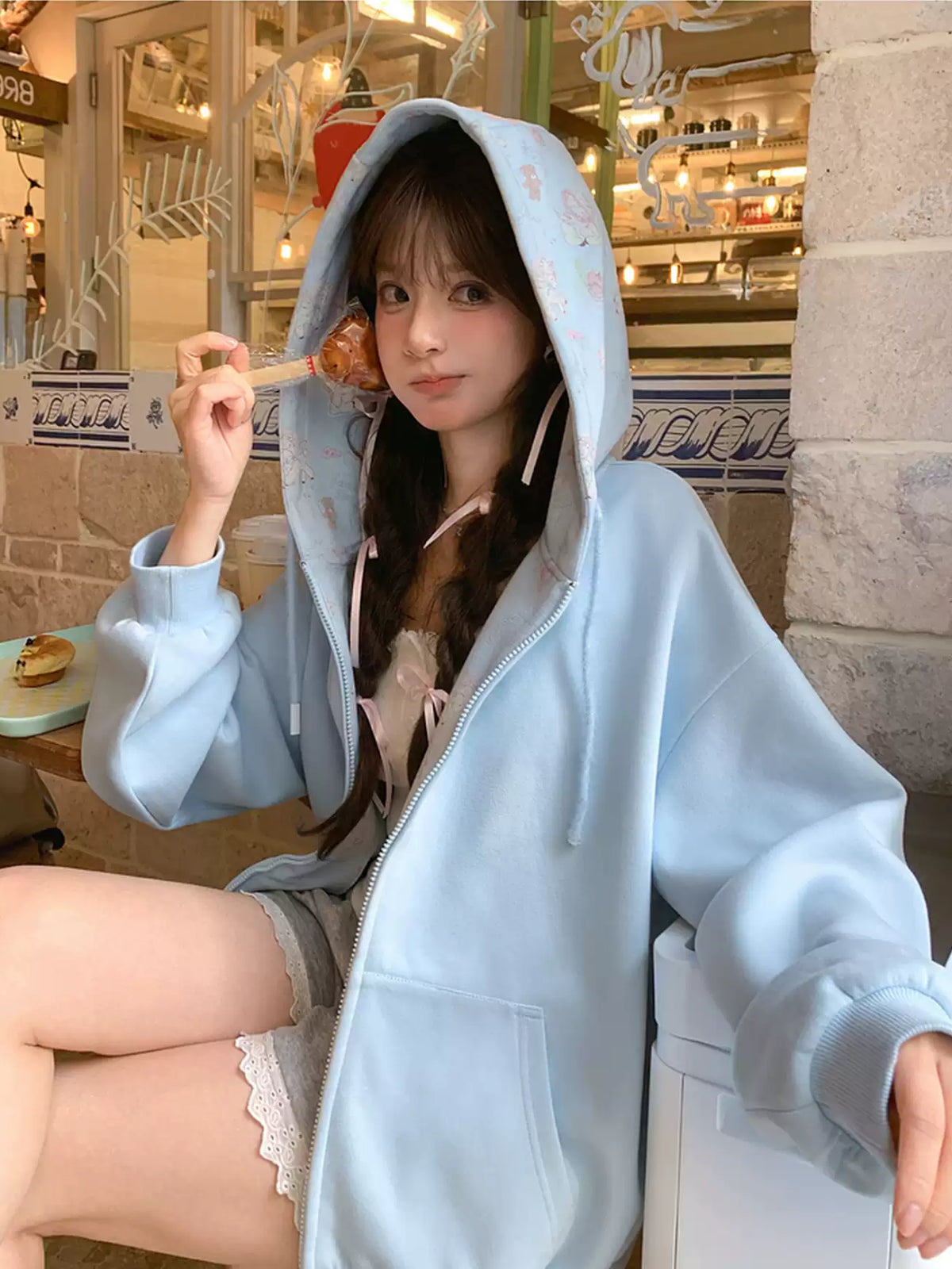 After Tea Blue Lamb Hooded Jacket-Outerwear-ntbhshop