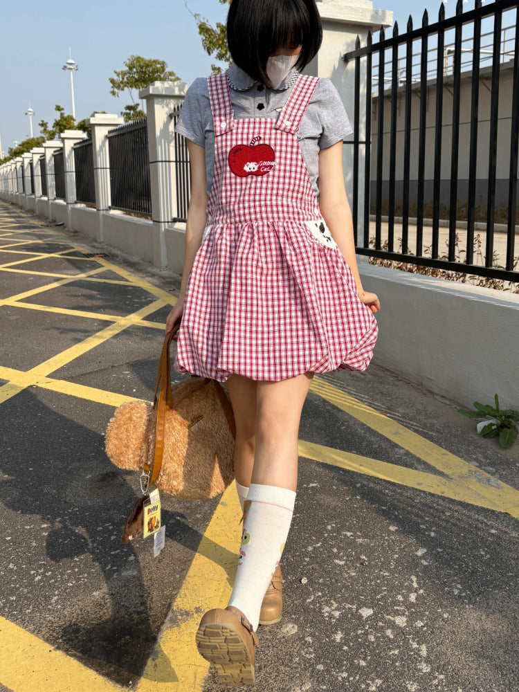 Apple Cat Plaid Bubble Dress-ntbhshop